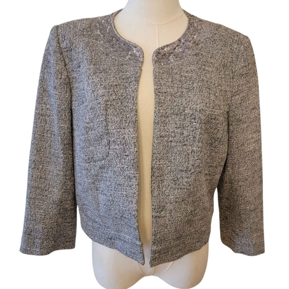 LOFT Black & Cream Tweed Sequin‎ Collar Open Blazer Jacket Size 12